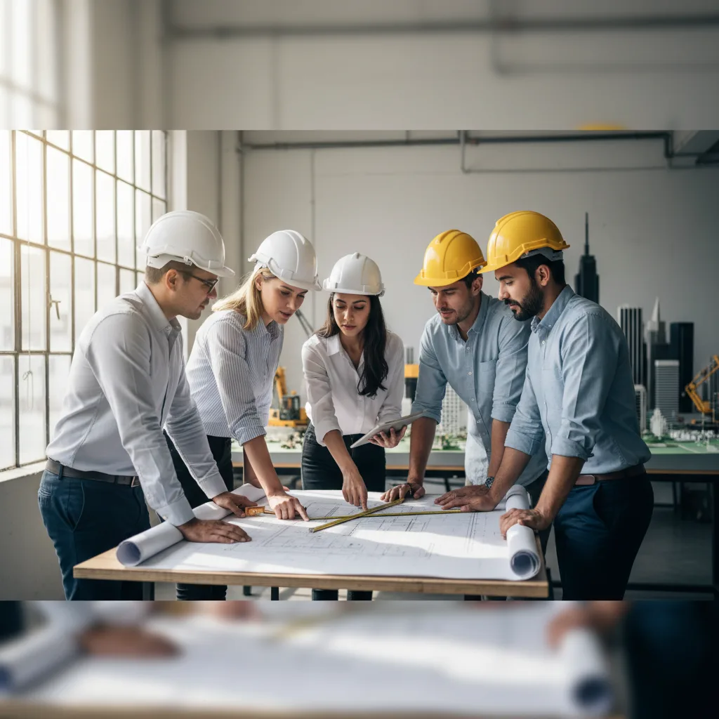 Engineers reviewing blueprints at modern industrial construction site