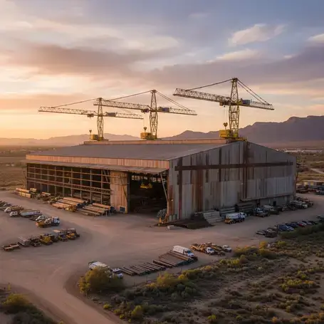 Exterior of industrial building with steel structure and cranes