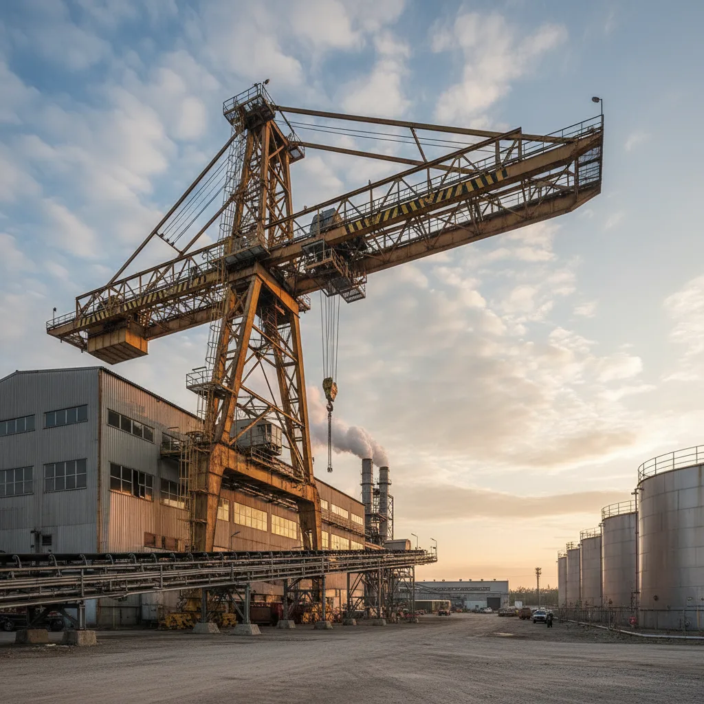 Industrial facility exterior with steel framing and cranes