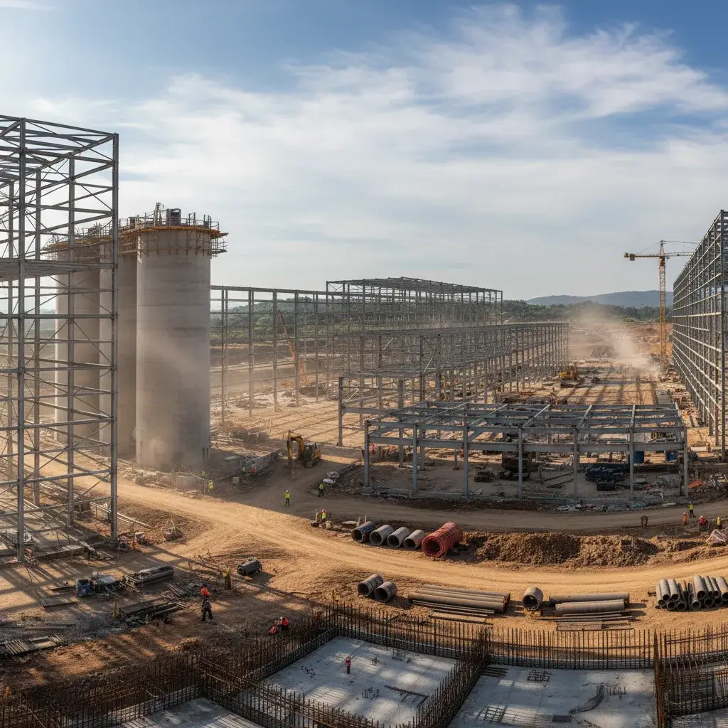 Large-scale industrial facility under construction with cranes and steel structures